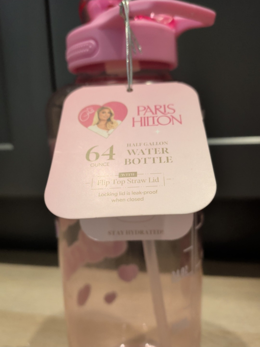 Paris Hilton 64oz Pink Flip-Top Straw Water Bottle Motivational